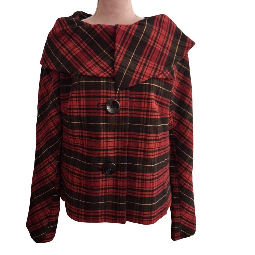 Chadwicks Red Black Plaid Shawl Collar Jacket Womens 12 Tartan Button Up Blazer